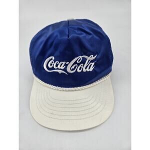 Vintage 70s Coca-Cola Blue Satin White Lettering Snapback Hat
